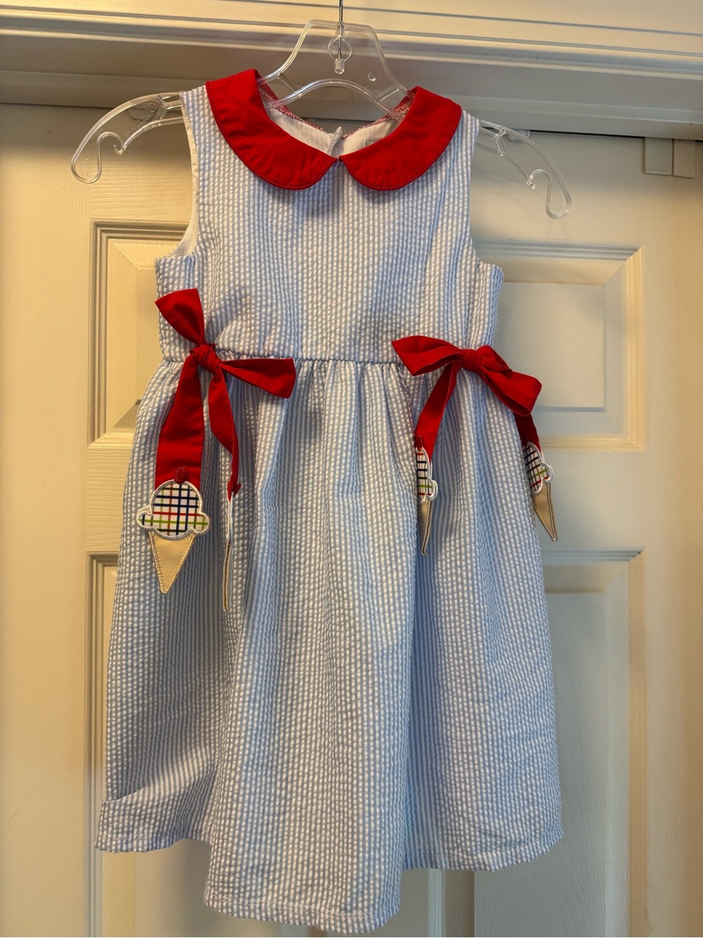Girls Light Blue Seersucker Dress with Red Collar and Bow Details